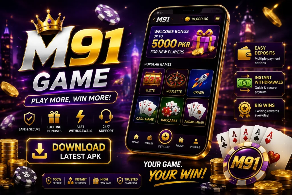 M91 Game APK banner featuring mobile gaming interface, rewards, fast deposits, and instant withdrawals.